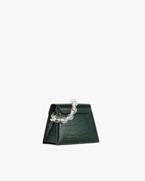 Sac GABRIELLE vert embossé crocodile, vue de profil, anse chaîne translucide détachable