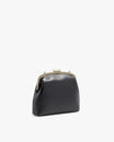 EMMA bag in black naplak, three-quarter view, metal frame clasp, without strap