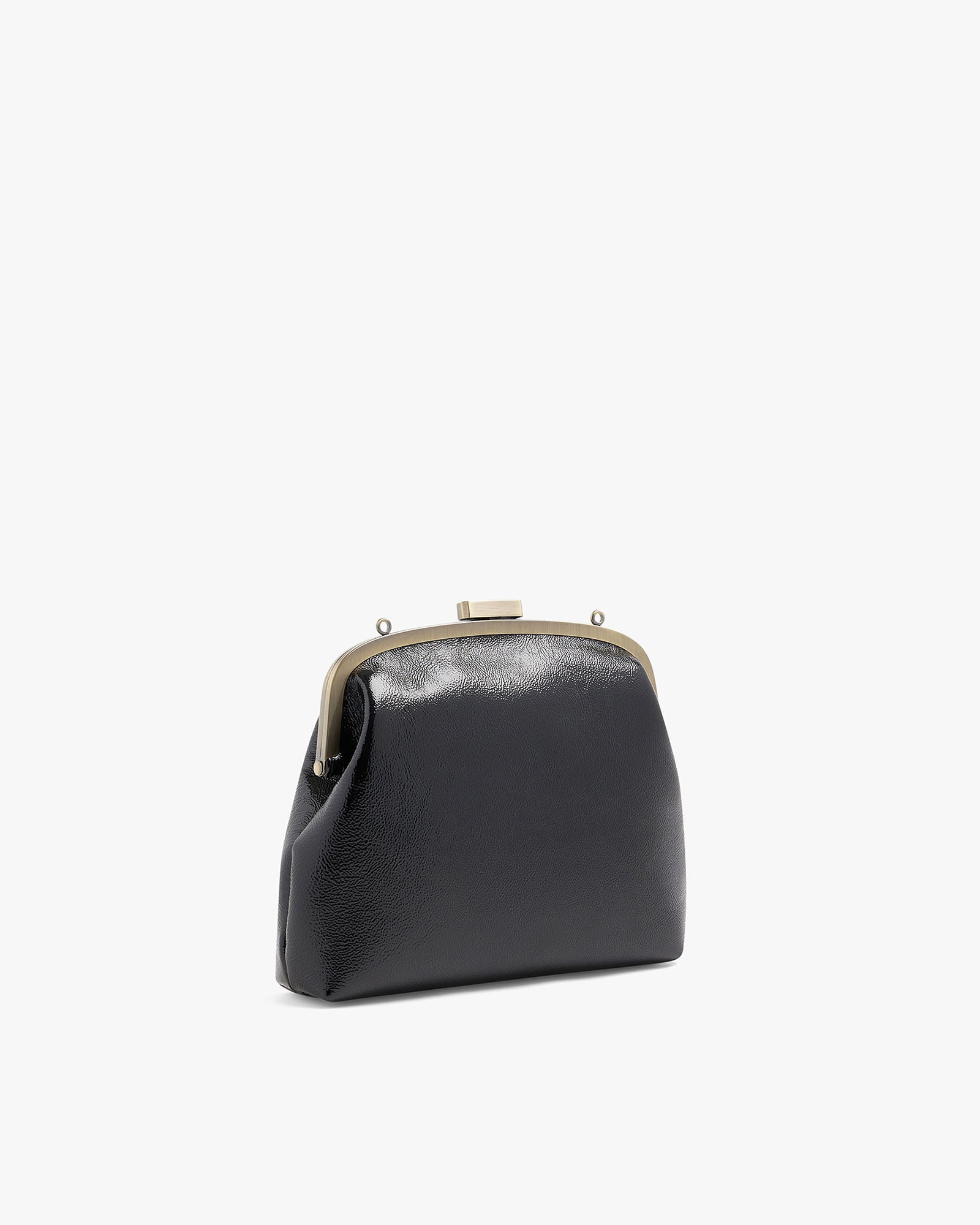 EMMA bag in black naplak, three-quarter view, metal frame clasp, without strap