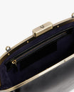 EMMA bag in black naplak, open interior view showing gold clasp and zip pocket