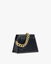 GABRIELLE bag in black patent naplak leather, three-quarter view with thick gold chain handle