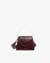 Sac GABRIELLE Mahogany de face, rabat pointu, anse chaîne et bandoulière en cuir