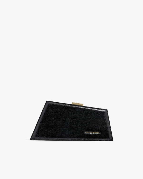 JAY bag in black naplak, front view, showing gold clasp and card holder