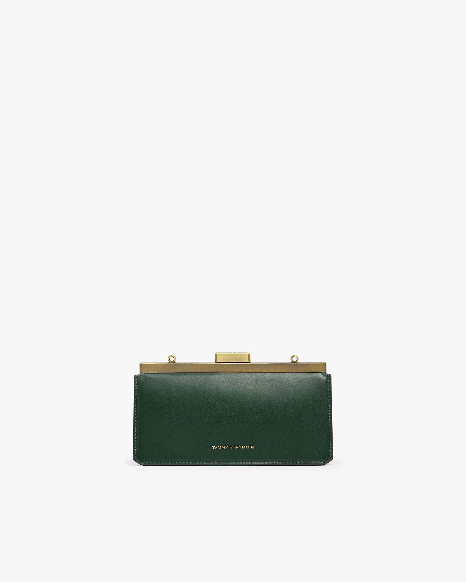 JEANNE BAGUETTE bag in emerald green, front view, standing, closed gold retro clasp
