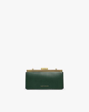 JEANNE BAGUETTE bag in emerald green, front view, standing, closed gold retro clasp