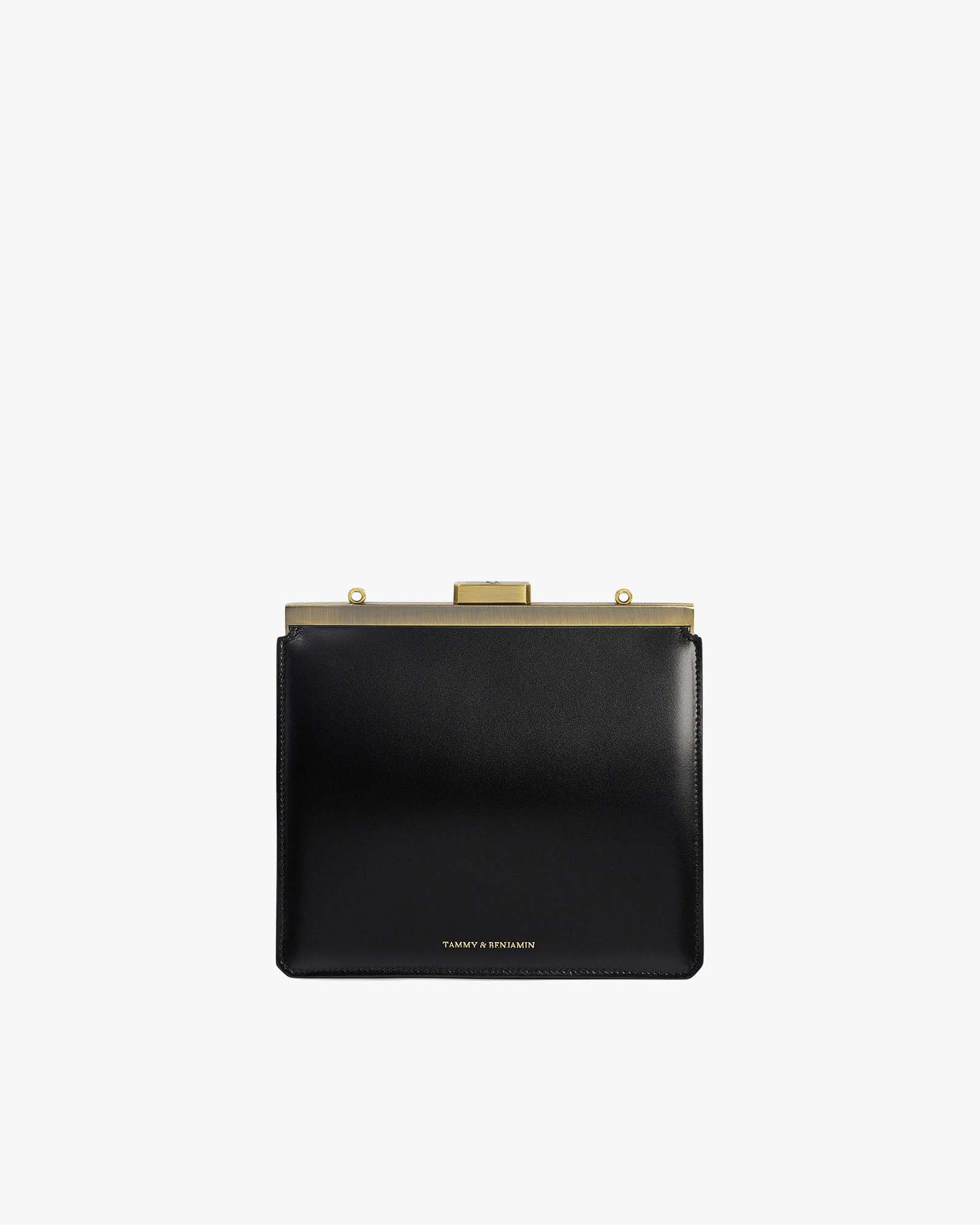 Sac JEANNE Noir en cuir, vue de face, fermoir métallique doré, sans bandoulière