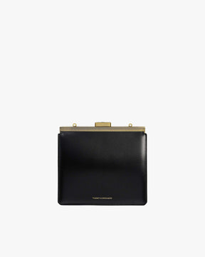 Sac JEANNE Noir en cuir, vue de face, fermoir métallique doré, sans bandoulière