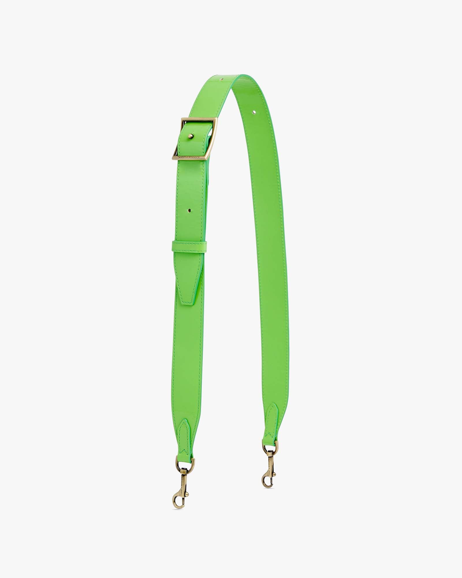 Bandoulière ajustable large, vert pomme, vue d'ensemble avec boucle et mousquetons en laiton