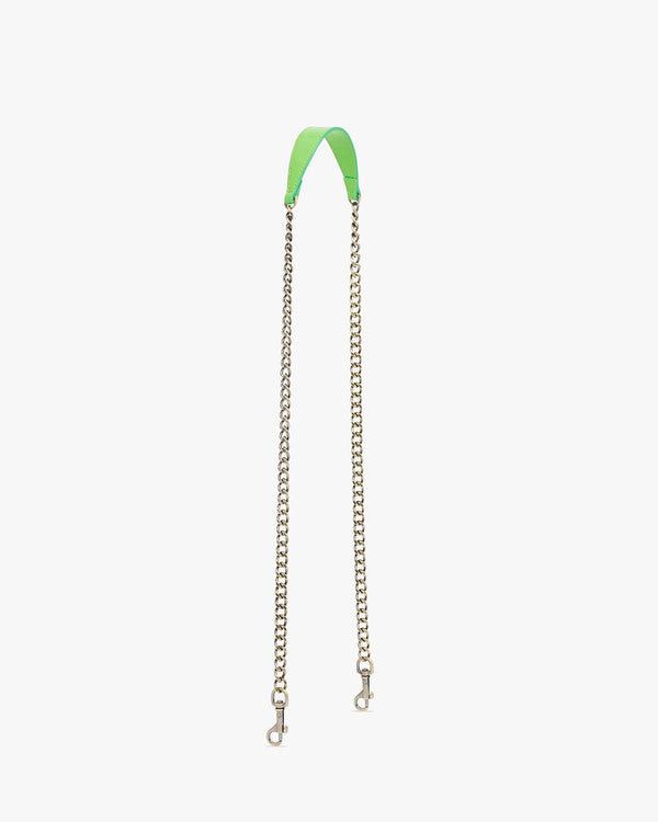 Long chain strap in apple green leather with double snap hooks, laid flat on white background