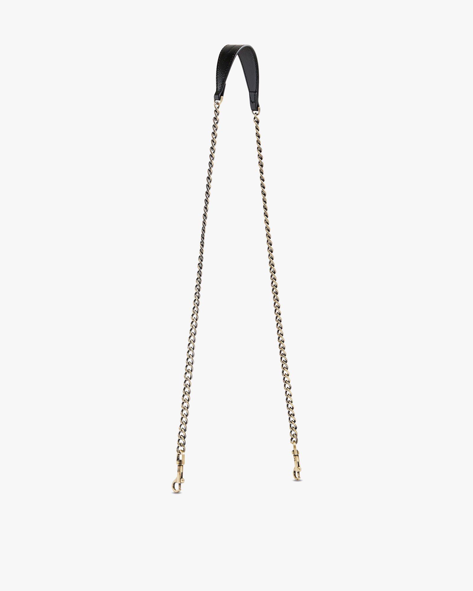 Long chain Noir naplak, full view with leather shoulder pad and aged brass clasps