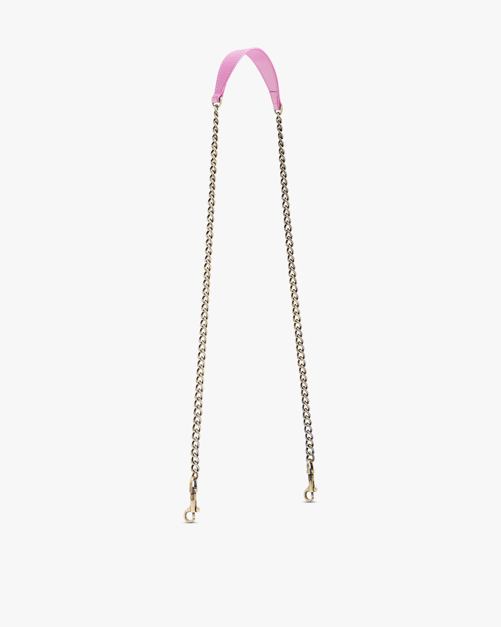 CHAÎNE LONGUE in Blush, laid flat, pink leather with gold and silver double clasps