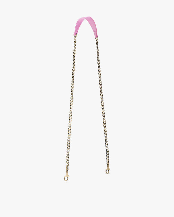 CHAÎNE LONGUE in Blush, laid flat, pink leather with gold and silver double clasps