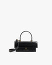 THEA MINI bag in black naplak, front view, standing, with top handle and detachable strap unclipped