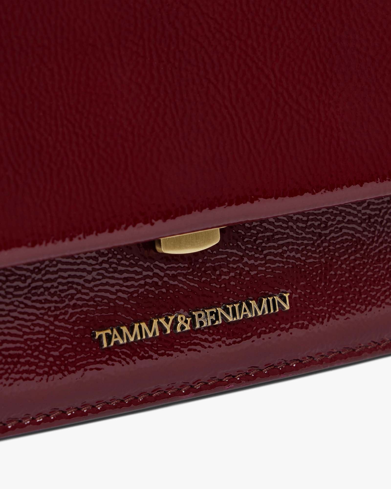 THEA MINI bag in Bordeaux naplak, close-up on the gold clasp and embossed logo on the flap