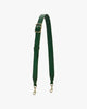 Bandoulière ajustable large en cuir vert émeraude, vue de face, boucle et mousquetons laiton vieilli