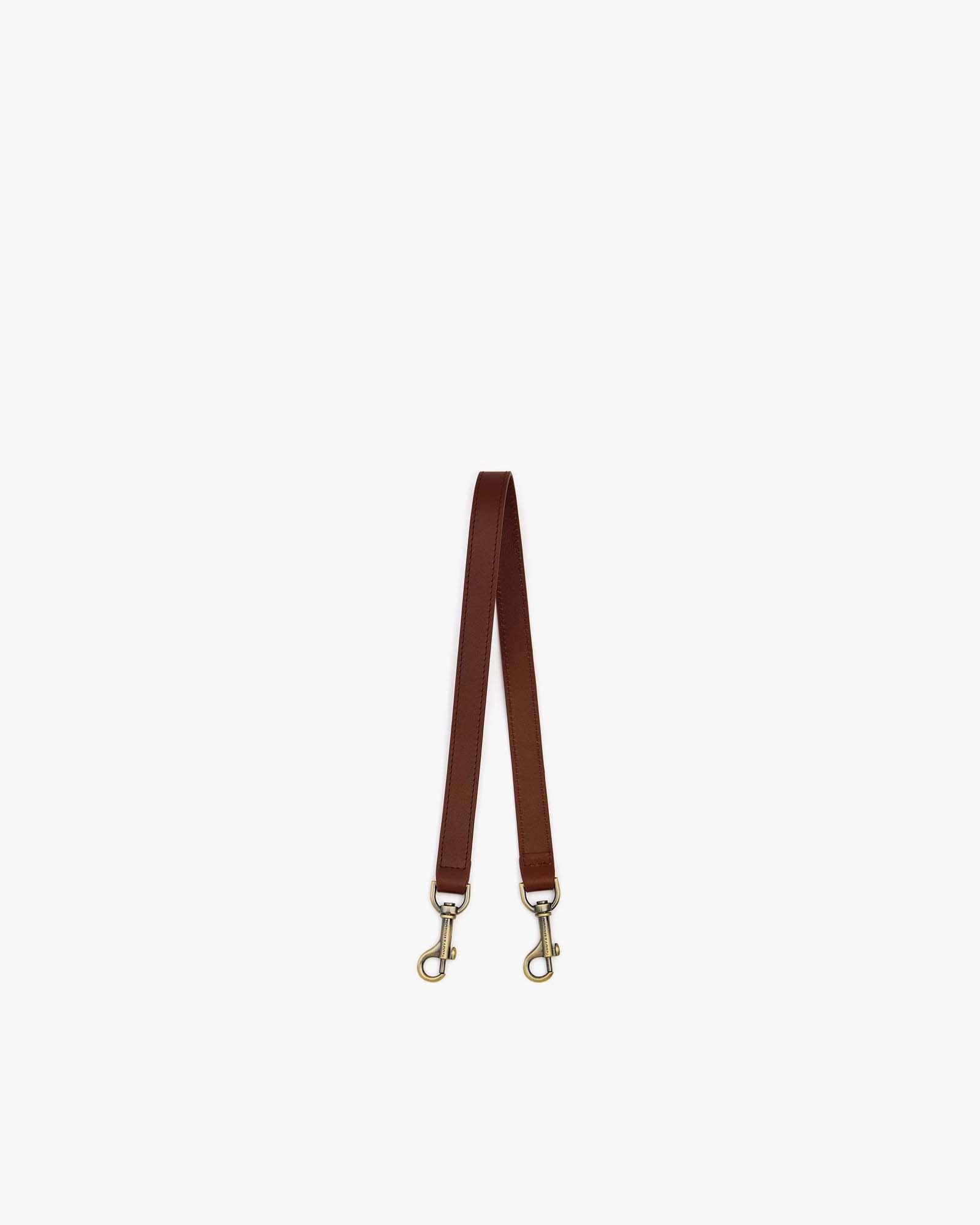 Short strap in brown leather, laid flat, full view showing both aged brass clasps
