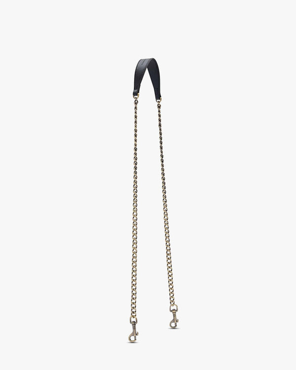 Long chain in black laid flat, aged brass rings and clasps at both ends