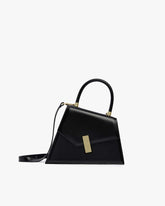 Sac CUBIST noir en cuir, vue de profil, poignée ronde relevée, fermoir doré et bandoulière fine