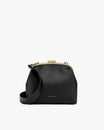 Sac EMMA Noir de face, fermoir doré ouvert, bandoulière cuir détachable posée sur le devant