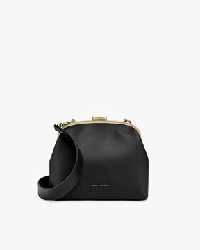 Sac EMMA Noir de face, fermoir doré ouvert, bandoulière cuir détachable posée sur le devant