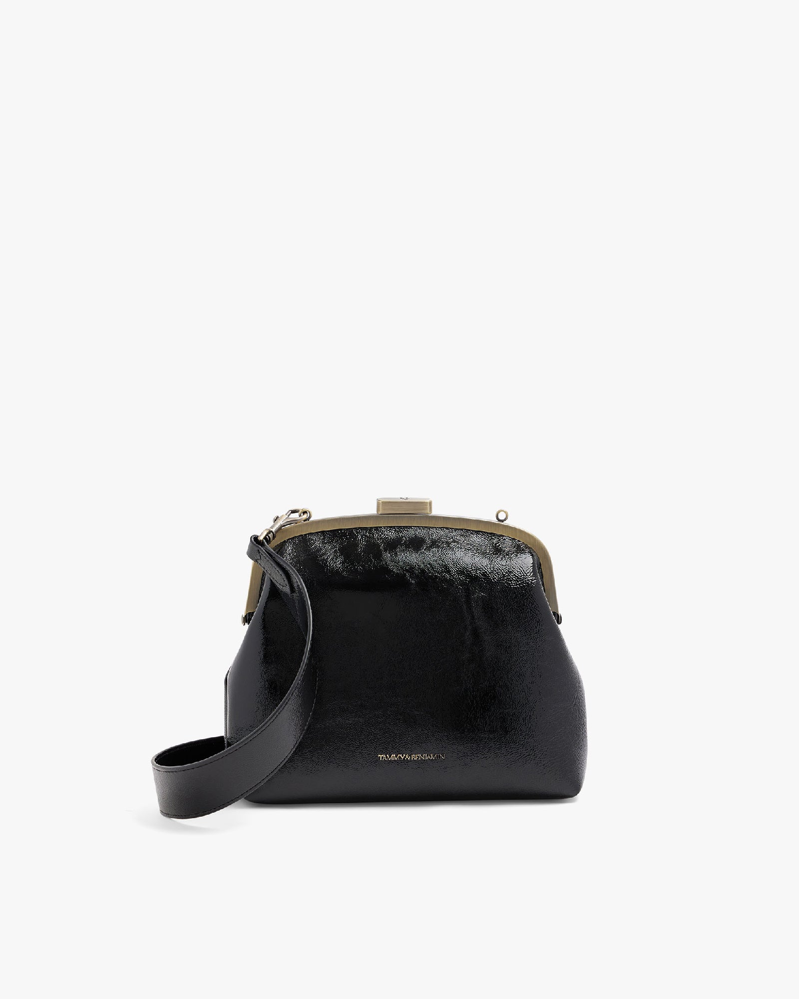 EMMA bag in black naplak, front three-quarter view, showing metal clasp frame and detachable shoulder strap