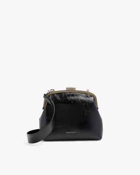 EMMA bag in black naplak, front three-quarter view, showing metal clasp frame and detachable shoulder strap