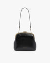 EMMA bag in black naplak, front view with long leather strap, clasp closed
