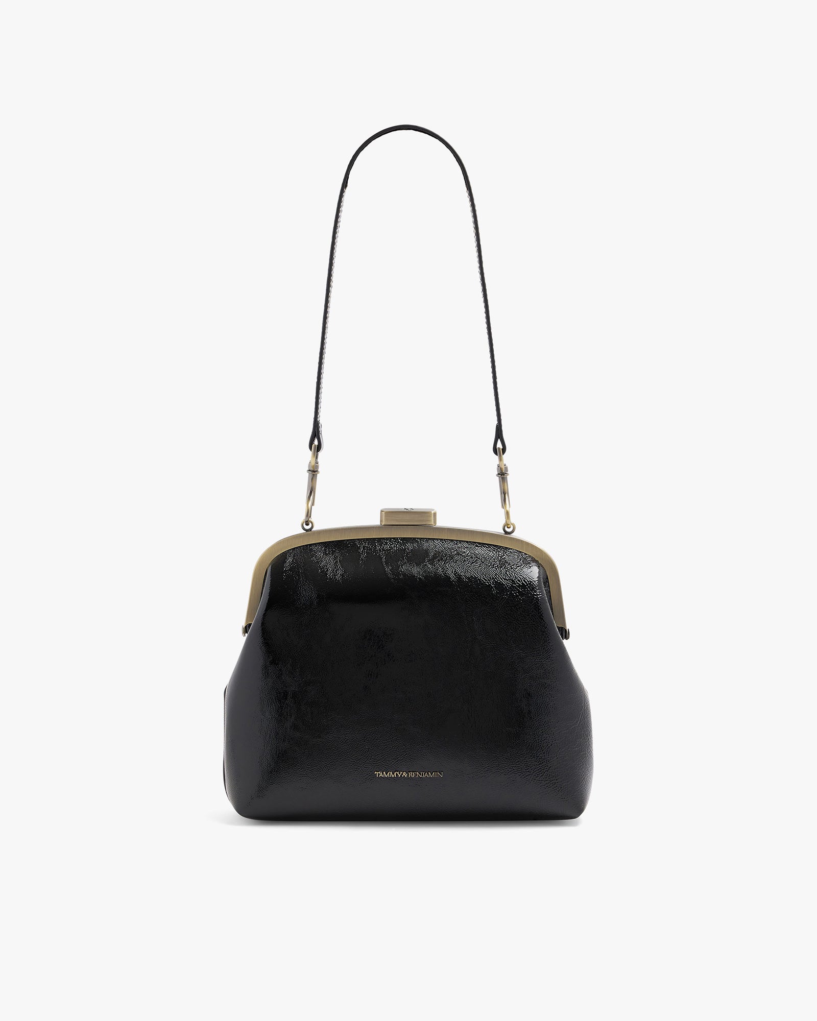 EMMA bag in black naplak, front view with long leather strap, clasp closed