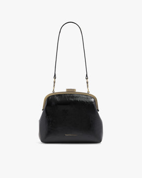 EMMA bag in black naplak, front view with long leather strap, clasp closed