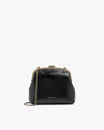 EMMA bag in black naplak, front view, closed gold frame clasp, with chain strap