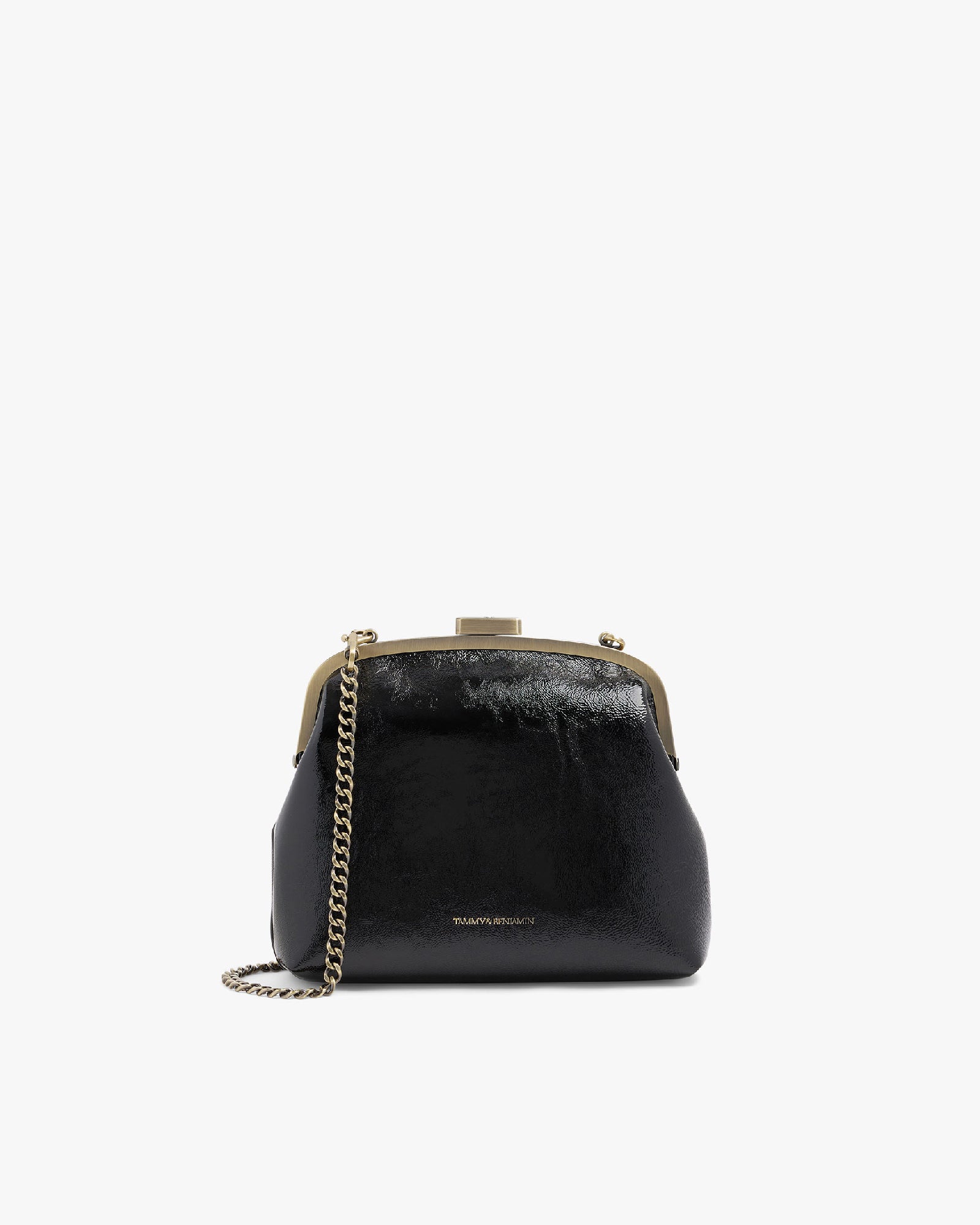EMMA bag in black naplak, front view, closed gold frame clasp, with chain strap