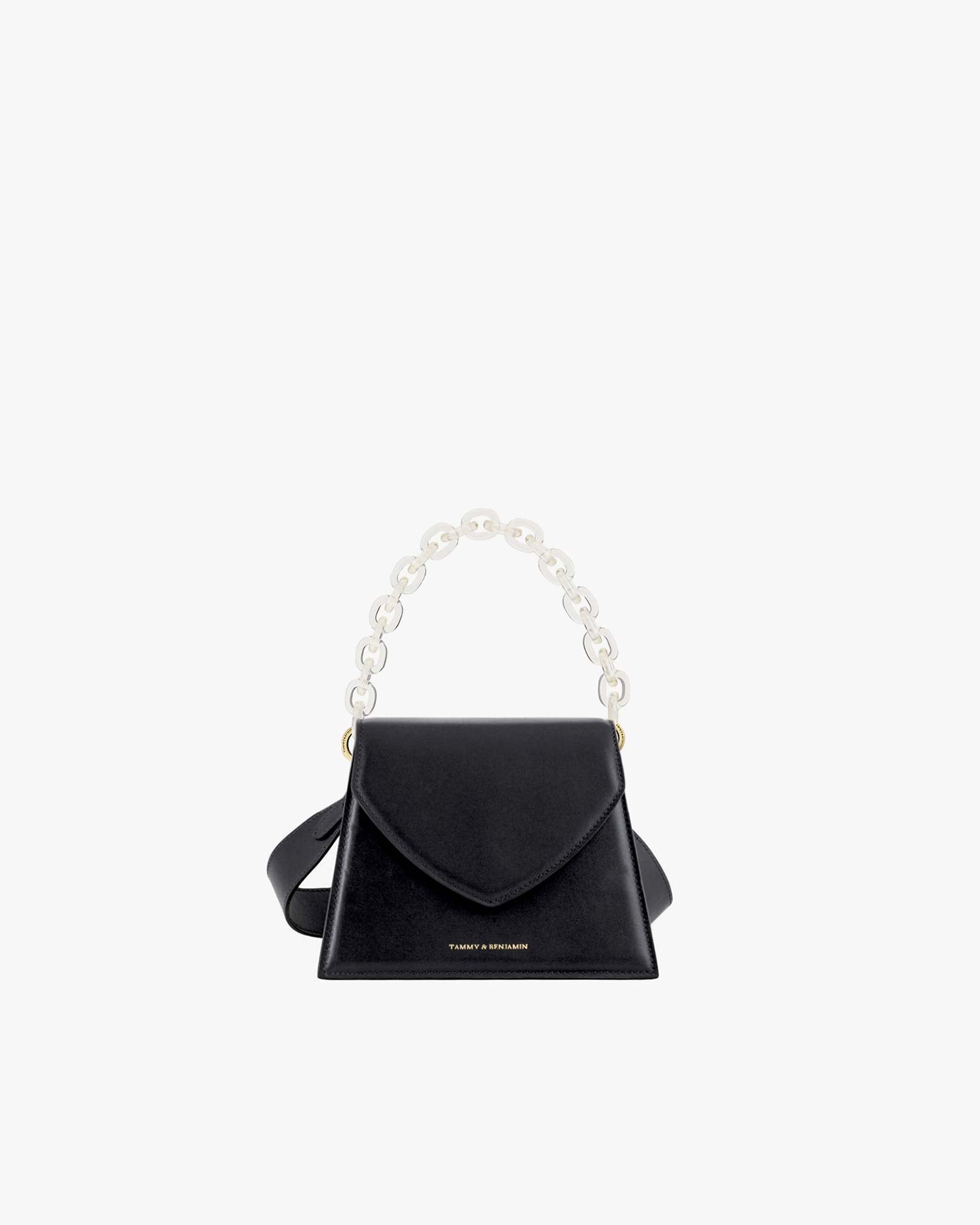 Sac GABRIELLE noir de face, posé, avec anse chaîne courte translucide détachable
