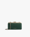 JEANNE BAGUETTE bag in emerald green, front view with gold clasp and removable chain
